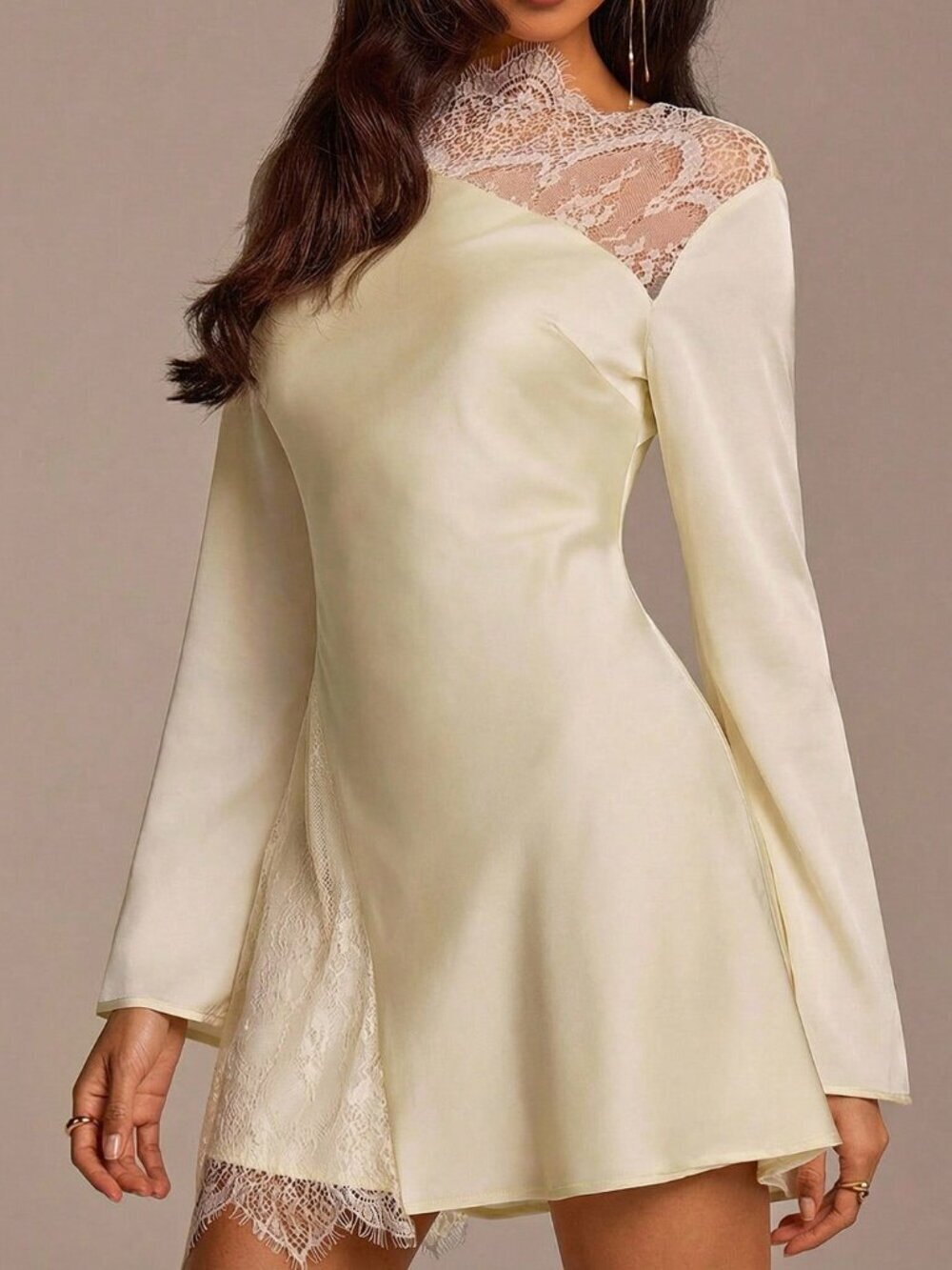 Light Yellow Elegant Women's Flare Sleeve Lace Patchwork Mini Dress